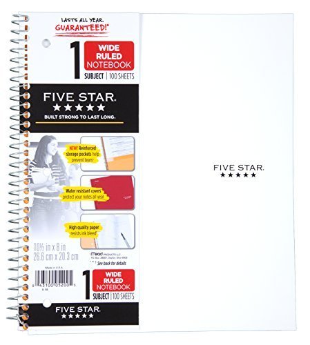Five Star Spiral Notebook + Study App, 1 Subject, Wide Ruled Paper, 8" x 10-1/2", 100 Sheets, Fights Ink Bleed, Water Resistant Cover, Tidewater Blue (72875)
