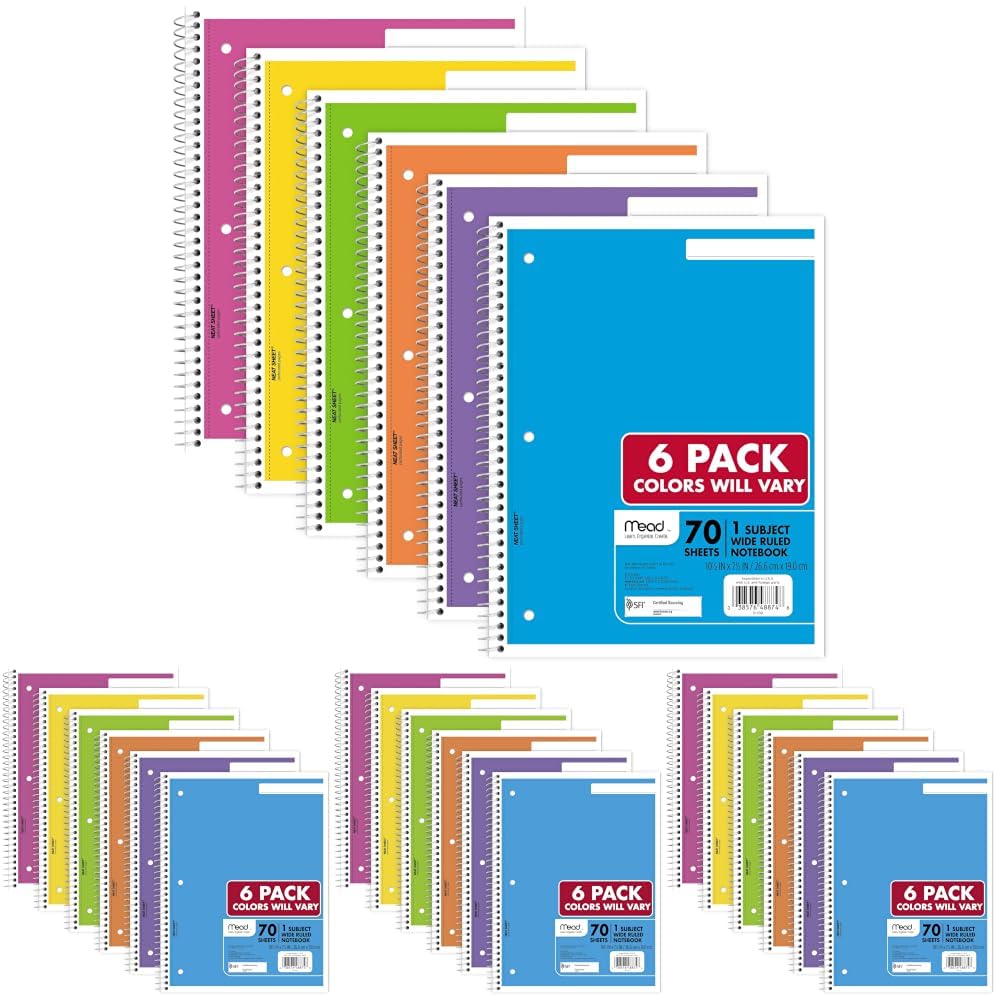Mead Spiral Notebook, 6 Pack, 1 Subject, Wide Ruled Paper, 7-1/2" x 10-1/2", 70 Sheets per Notebook, Assorted Pastel Colors (930050-ECM)