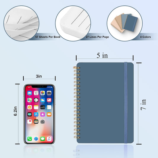4 PCS Small Spiral Notebook 5x7, Spiral Journal Notebook, Notebooks for Work, School, Small Notebooks 5x7 with Strap, Cute Notebooks for Women 50 Sheets (Blue)