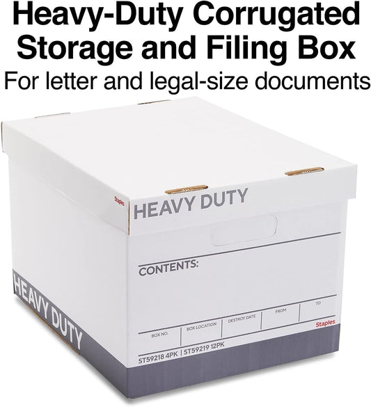 Staples Storage & Filing Box, Heavy-Duty with Handles & Removable Lid, Letter & Legal Size Documents, Stackable, 12-Pack, White/Gray