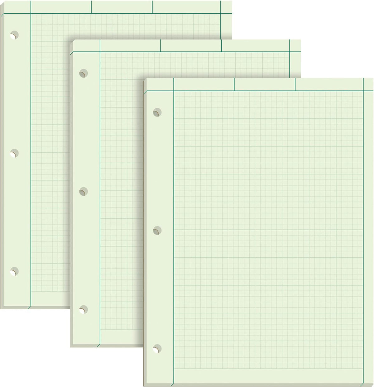 TOPS Engineering Notebooks, Graph Notebooks, 3 Pk Quad Ruled Pad, 8-1/2" x 11", Glue Top, 5 x 5 Graph Rule on Back, Green Tint Paper, 3-Hole Punched, 100 Sheets per Pad (35507A)