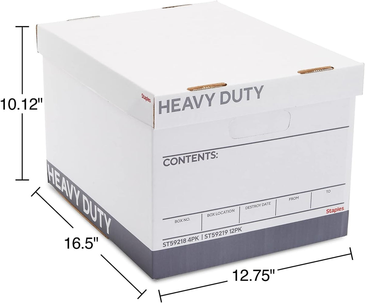Staples Storage & Filing Box, Heavy-Duty with Handles & Removable Lid, Letter & Legal Size Documents, Stackable, 12-Pack, White/Gray