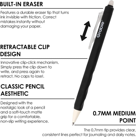 Grabie Erasable Gel Pens, 6 Pack Black Blue Red 0.7 mm Medium Point