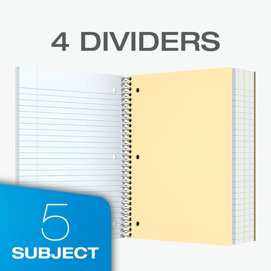 Oxford Spiral Notebooks, 3 Pack, 5 Subject, College Ruled Notebooks for School, 8 x 10.5 Inches, 180 Sheets, 4 Dividers, Assorted Colors, Back to School Supplies (65203)