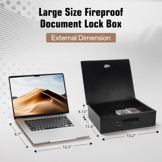Fireproof Document Box with Key Lock – Fire Resistant Safe Box for Home, Portable Lock Box for Personal Items, Passport, Cash, Tablet, 13.2" x 11" x 4.13" Black XL