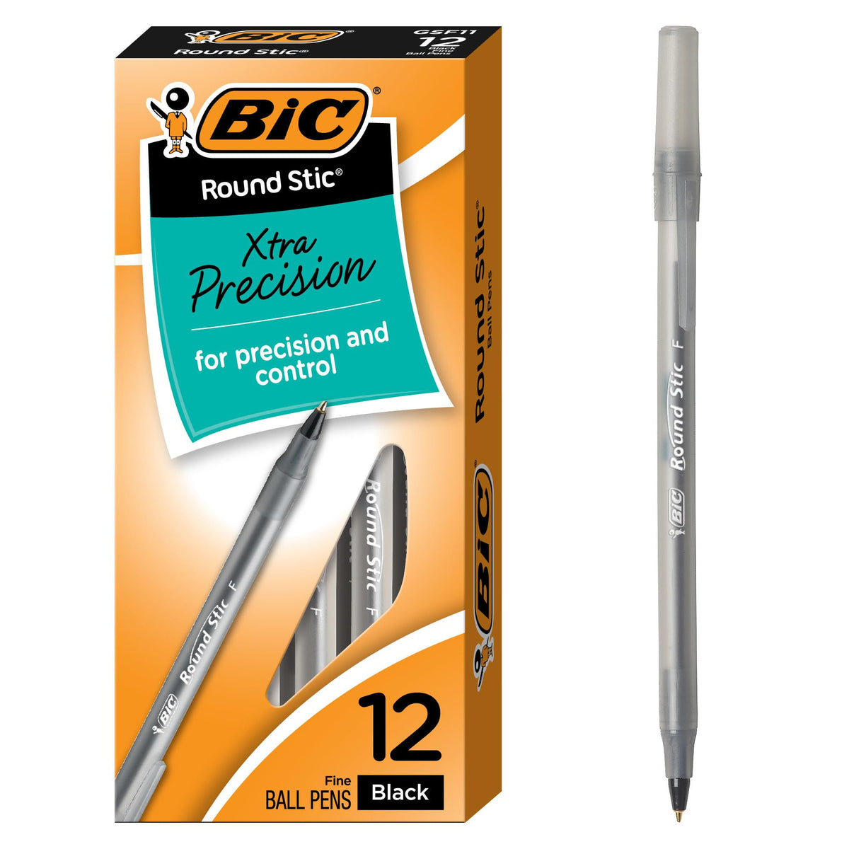 BIC Round Stic Ball Pen, Fine Point, 0.8mm, Black, 12 Pens (GSF11-Blk)