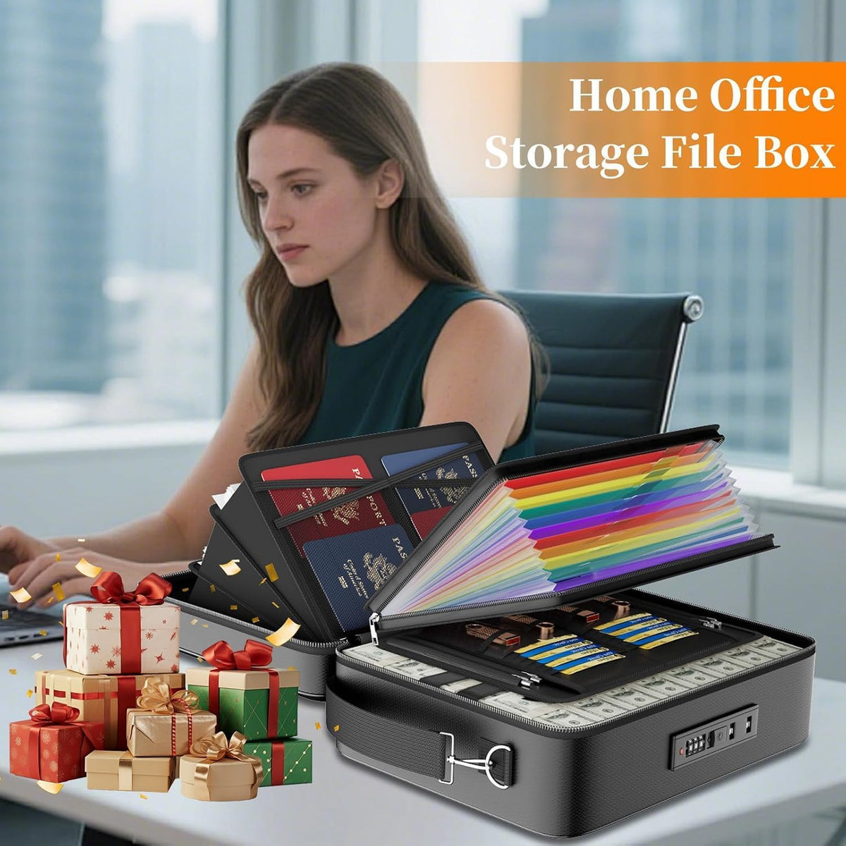 ENGPOW Fireproof Document Box with Lock & 13 Pockets Accordion File Folder