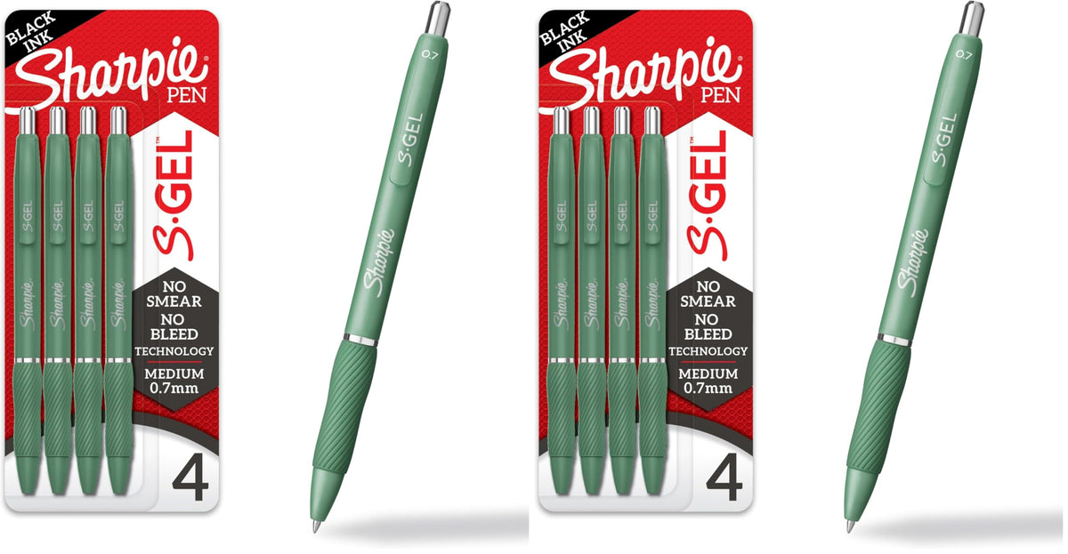 Sharpie S-Gel Gel Pens, Green Barrel, Black Ink, Medium Point (0.7mm), 4 Count - For Home, Office, College, Journaling, Drawing, Note-Taking, Writing
