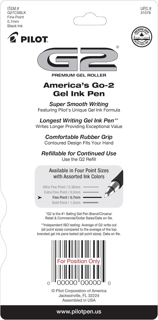 PILOT G2 Premium Gel Pens, Fine Point 0.7mm, Black Ink, 5-Pack