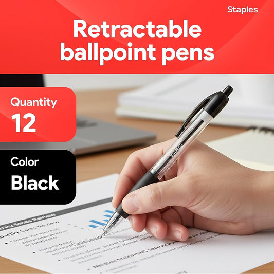 Staples Retractable Ballpoint Pens, Fine Point, Black Ink, 12-Pack