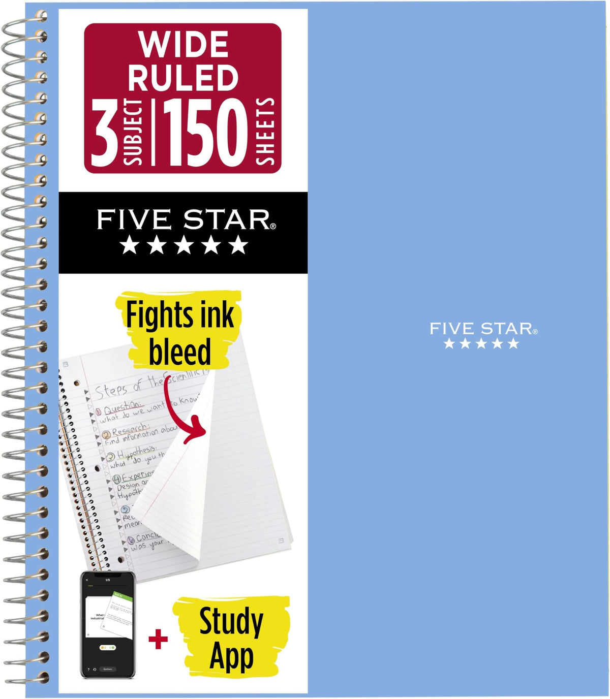Five Star Spiral Notebook + Study App, 3 Subject, Wide Ruled Paper, 10-1/2" x 8", 150 Sheets, Red (72029)