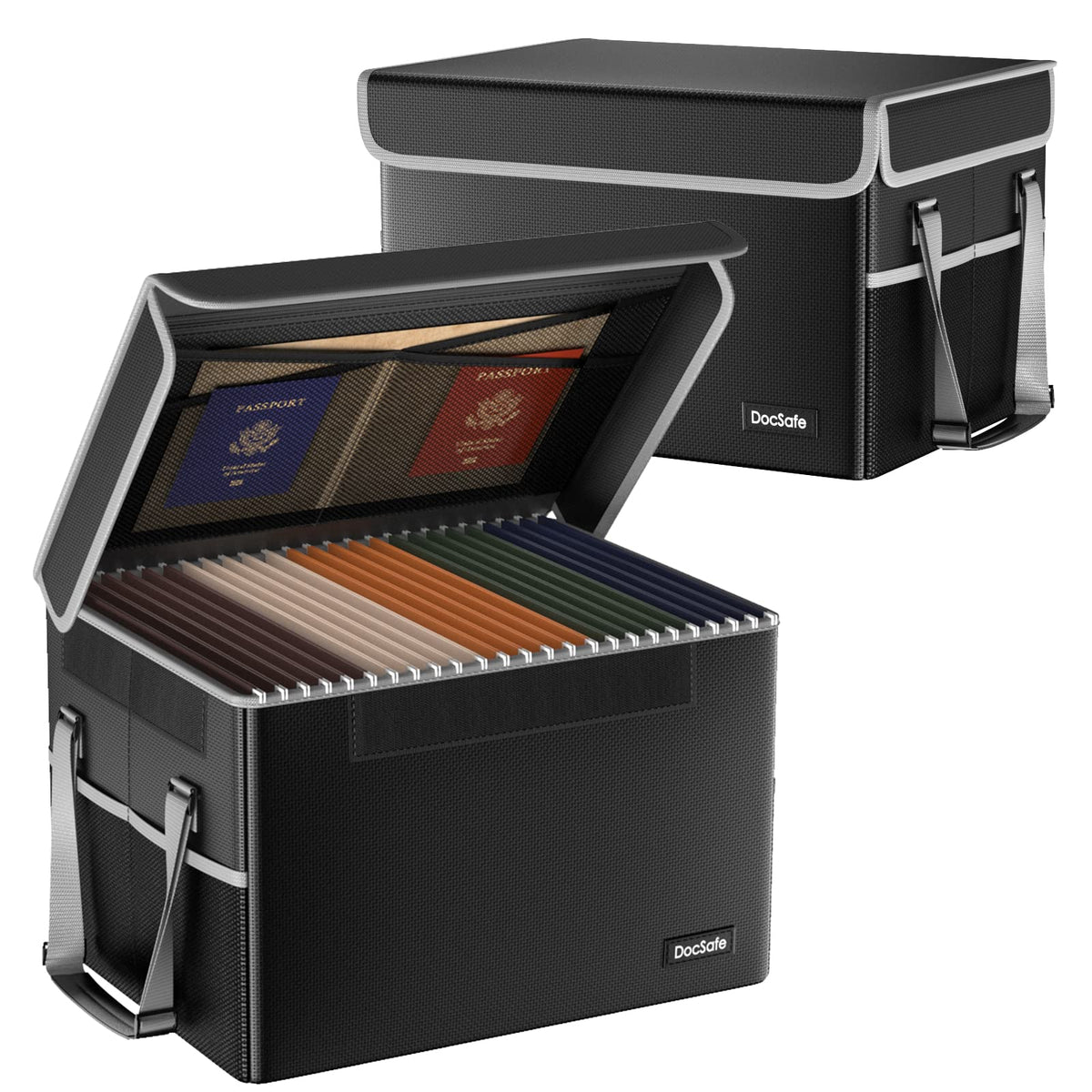 DocSafe File Box Fireproof File Storage Organizer with Lid,Collapsible Document Storage Filing Case for Hanging Letter/Legal Folders,Portable Home Office Safe Cabinet with Handle,Black