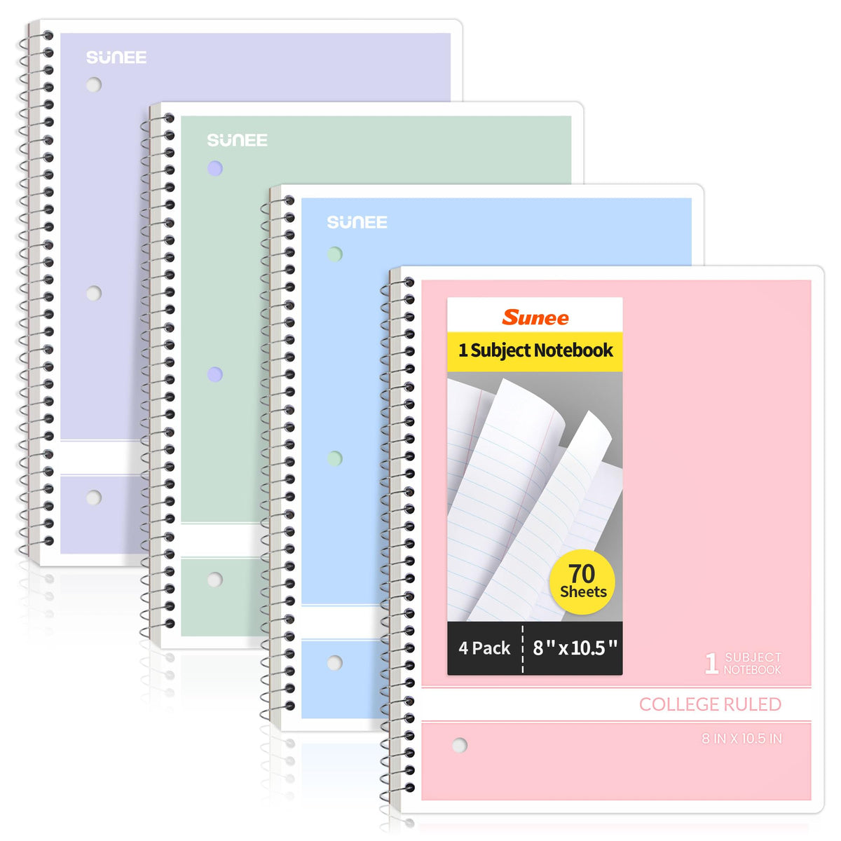 SUNEE Spiral Notebooks College Ruled, 1-Subject, 4 Pack, 8 x 10-1/2 in, 70 Sheets, 3-Hole Punched 70gsm Paper, Pastel Pink, Purple, Blue, Green for School, Home & Office, Writing Journal