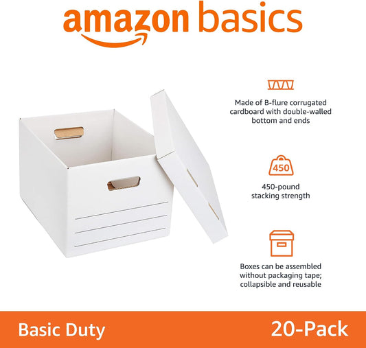 Amazon Basics Storage/Filing Boxes with Lift-Off Lid, Letter/Legal Size, Collapsible, Tape-Free Assembly, White, 16.2" L x 12.5" W x 10.5" H, 20-Pack