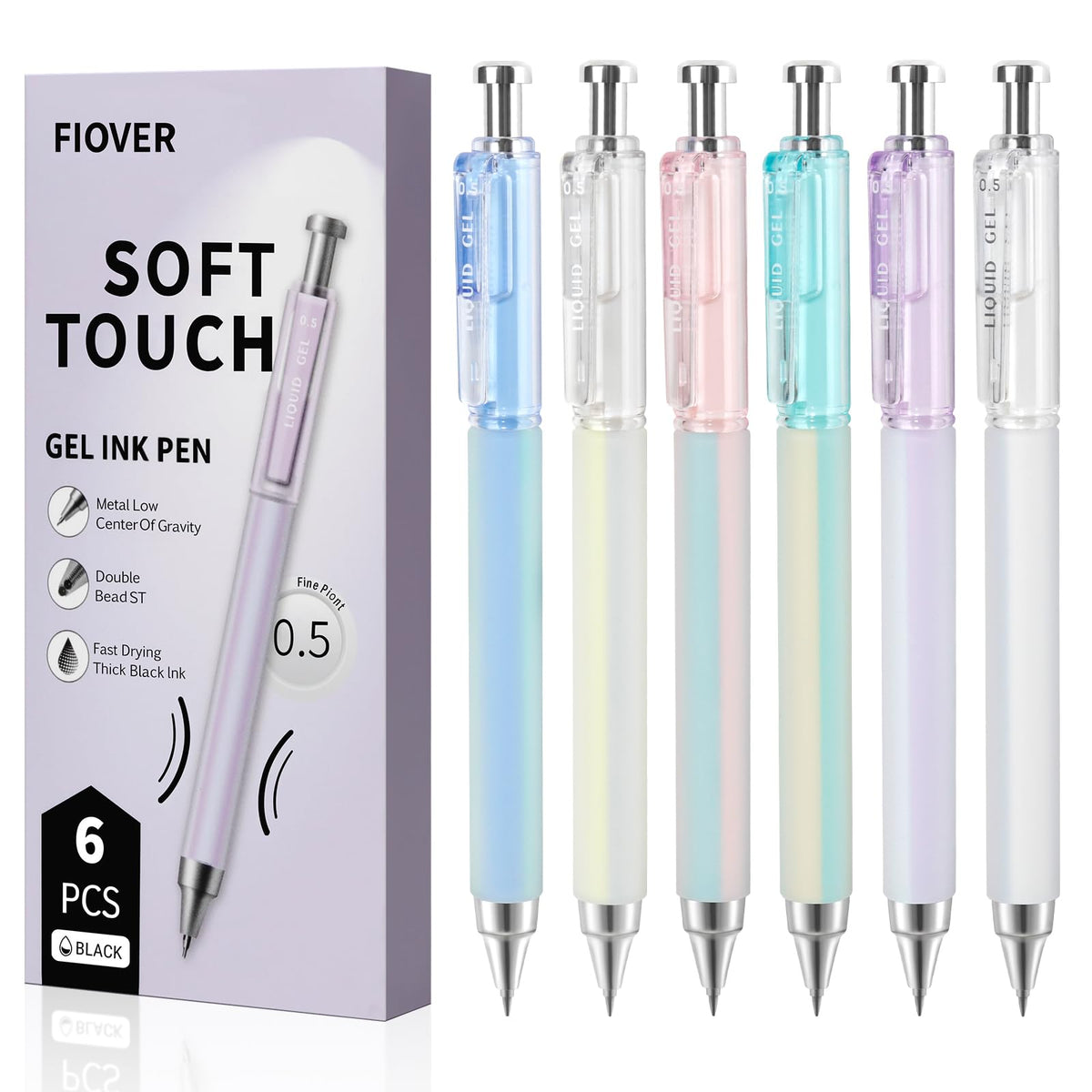 FIOVER 6 Pack 0.5mm Black Gel Pens, Quick Dry Fine Tip Pens