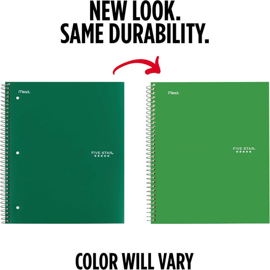 Five Star Spiral Notebook + Study App, 5 Subject, College Ruled Paper, 8.5" x 11", 200 Sheets, Green (Color May Vary) (72079)