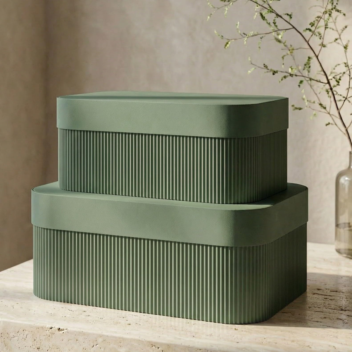 Decorative Storage Boxes with Lids - Set of 2 Fluted Photo Organizer Bins