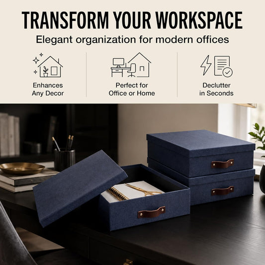Bigso Oskar Canvas Fiberboard Document Letter Box - File Organizer Box for Important Paperwork - Document Storage with a Lid & Handle - 3.3 in x 10.2 in x 13.8 in - 3 Pack - Blue