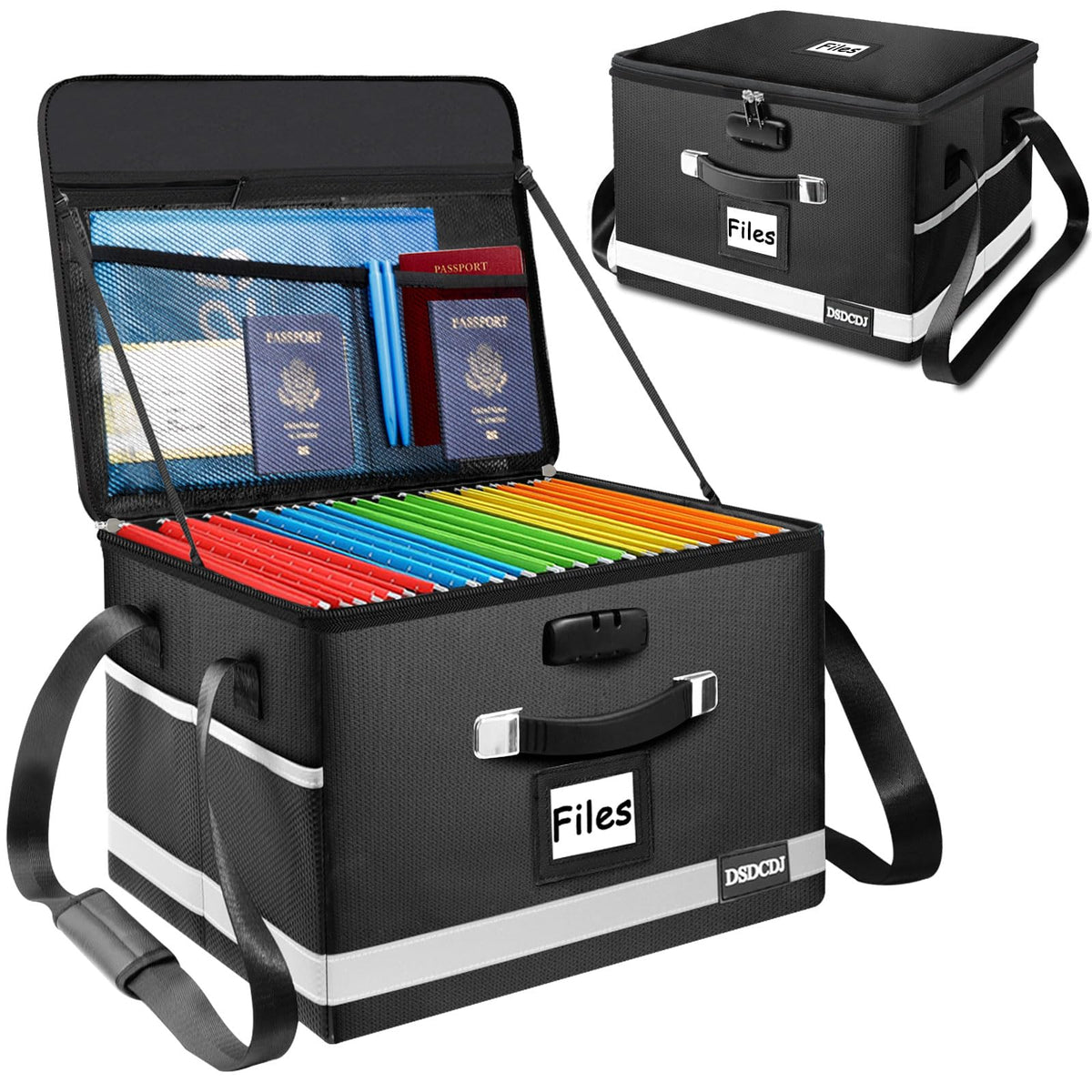 File Box with Lock - Portable File Organizer Box with Handle, Sturdy Important Document Organizer with Label, Slide, Reflective Strip for Hanging Letter/Legal Folder