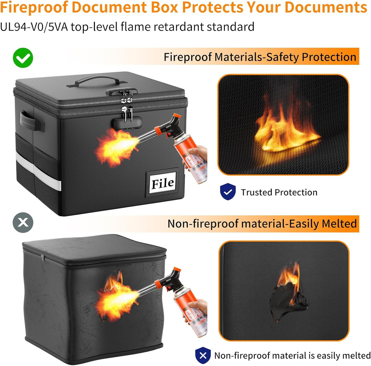 ENGPOW Fireproof Document Box with Locks and Accordion File Folder,Black