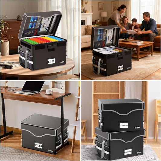 DocSafe 5200°F Fireproof Document Box with Lock,Heat Insulated File Organizer Storage with Pockets,Collapsible Portable Home Office File Safe Box with Handle for Hanging Letter/Legal Folders, Black