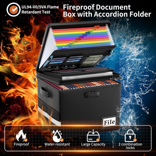ENGPOW Fireproof Document Box with Locks and Accordion File Folder,Black