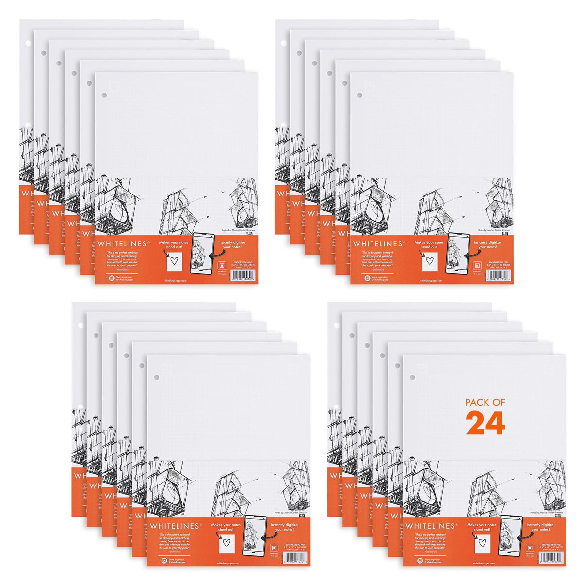 ROARING SPRING Whitelines Spiral Graph Ruled Notebook, Digitally Download Your Notes with FREE App, Premium Gray Paper, 11" x 8.5" 70 Sheets