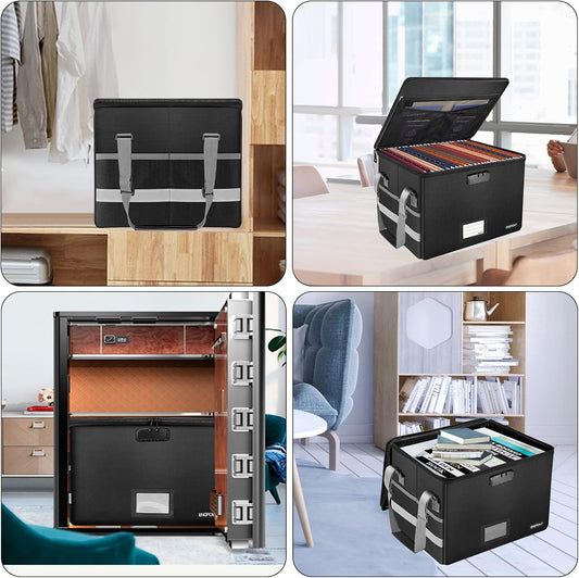 ENGPOW File Box with Lock,Fireproof Document Box with Zipper&Pockets,Collapsible File Organizer Filing Storage Cabinet with Handle,Portable Home Office Safe for Hanging Letter/Legal Folder,Black