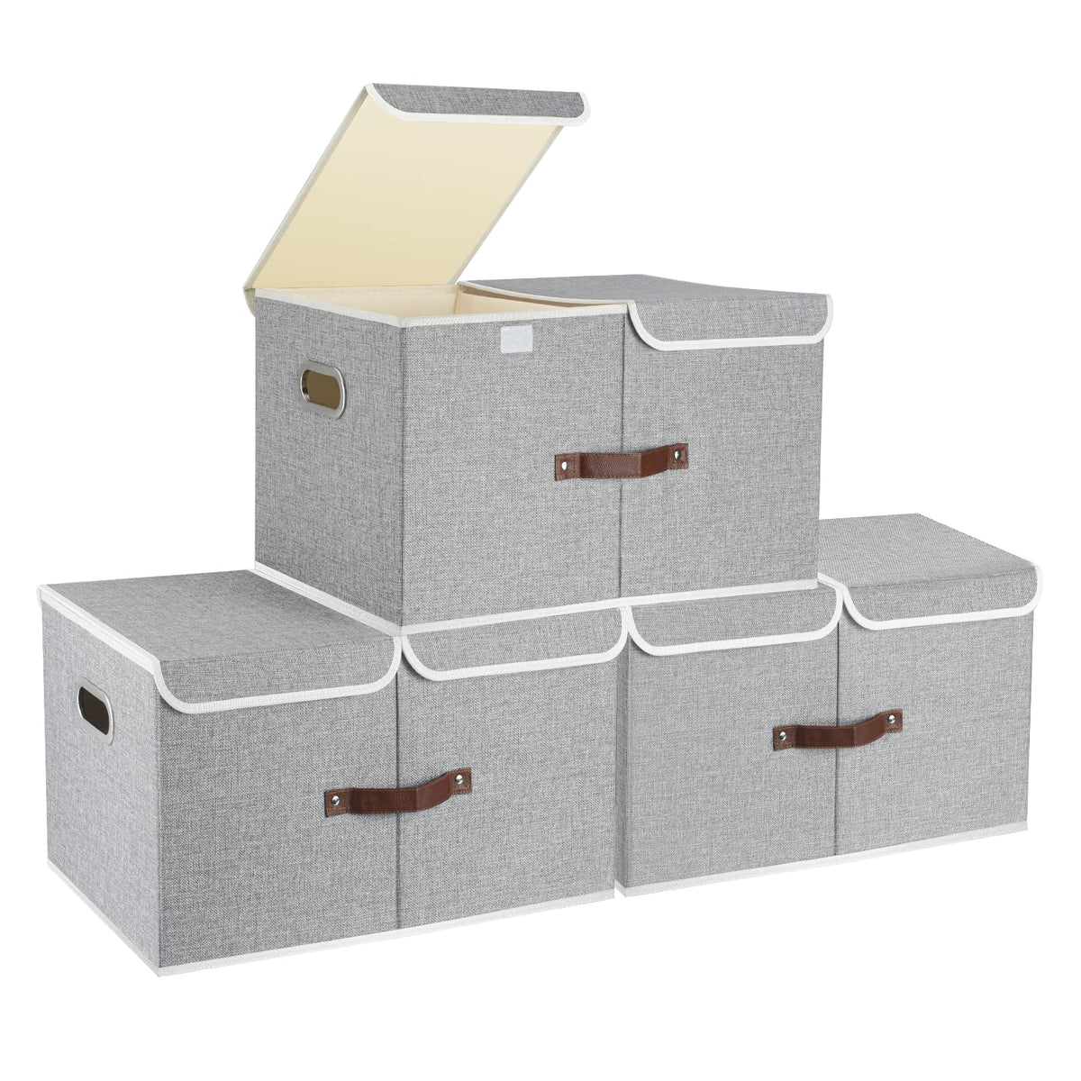 TYEERS Extra Large Collapsible Storage Bins with Lids and Compartments, Washable, Fabric Storage Boxes, 21.7x13x11.8 inches, 2 Pack, Beige