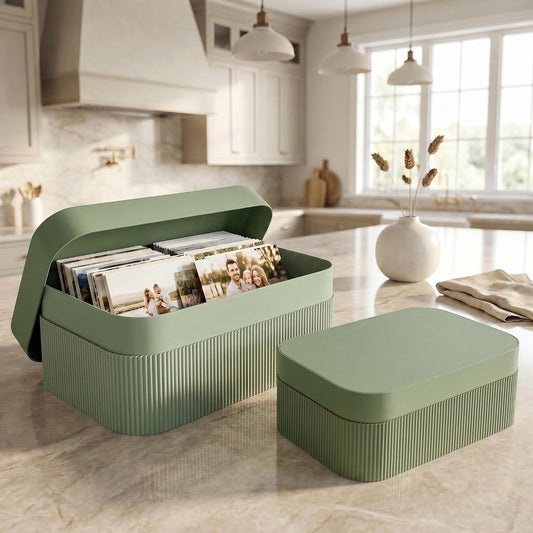 Decorative Storage Boxes with Lids - Set of 2 Fluted Photo Organizer Bins
