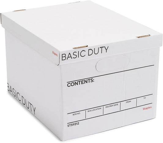 Staples Storage & Filing Box, Basic-Duty with Handles & Removeable Lid, Letter & Legal Size Documents, Stackable, 20-Pack, White/Black