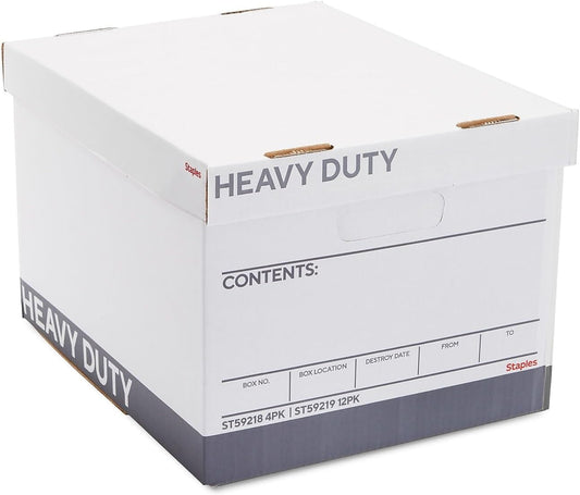 Staples Storage & Filing Box, Heavy-Duty with Handles & Removable Lid, Letter & Legal Size Documents, Stackable, 12-Pack, White/Gray