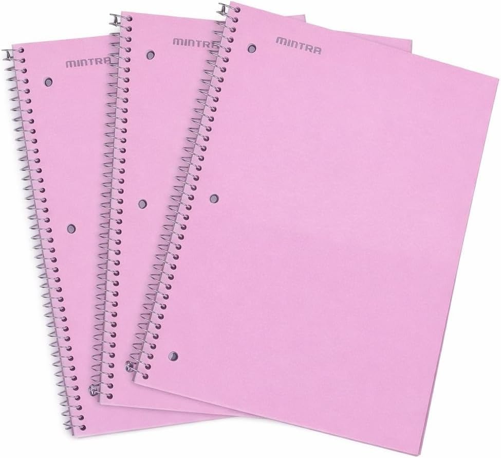 Mintra Office Durable Spiral Notebooks, 1 Subject, (Salmon, Sage Green, Lavender, Wide Ruled 3pk) - 100 Sheets, Poly Pocket, Moisture Resistant Cover, School, Office, Professional