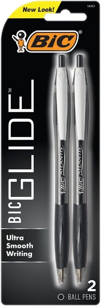 BIC Glide Black Retractable Ballpoint Pens, Medium Point, 1.0mm, 2-Pack