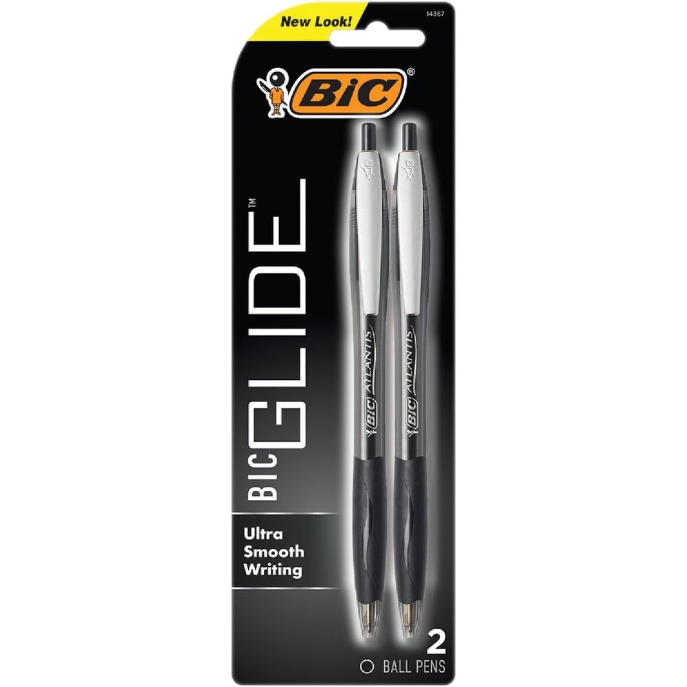 BIC Glide Black Retractable Ballpoint Pens, Medium Point, 1.0mm, 2-Pack