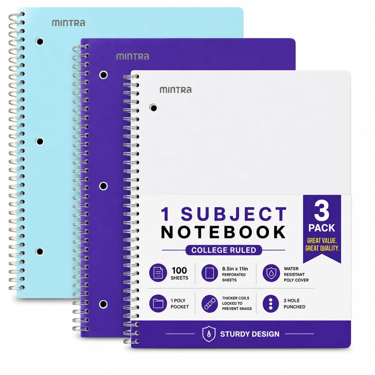 Mintra Office Durable Spiral Notebooks, 1 Subject, (Salmon, Sage Green, Lavender, Wide Ruled 3pk) - 100 Sheets, Poly Pocket, Moisture Resistant Cover, School, Office, Professional