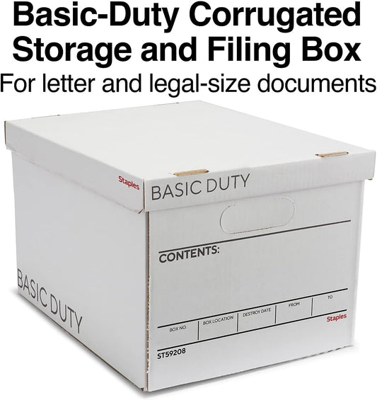 Staples Corrugated File Box, Lift-Off Lid, Letter/Legal, White/Black, 10/Pk