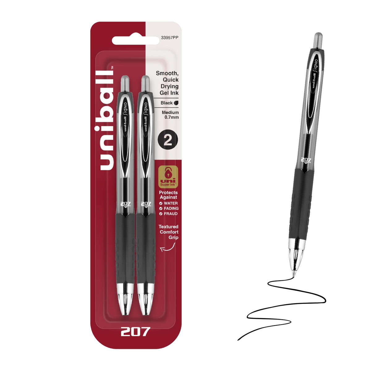 uniball™ 207 Gel Pens, Black Ink, 0.7mm Medium Point, Retractable, 4 Count