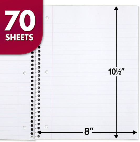 Mead Spiral Notebook, 24 Pack, 1 Subject, Wide Ruled Paper, 7-1/2" x 10-1/2", 70 Sheets per Notebook, Colors Will Vary (930203-ECM25)