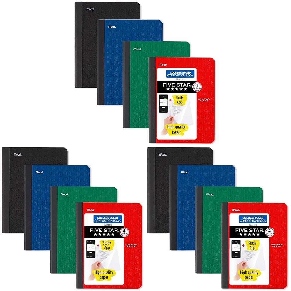 Five Star Composition Book + Study App, 4 Pack, Wide Ruled Paper, 7-1/2" x 9-3/4", 80 Sheets, Forest Green, Tidewater Blue, Fire Red and Harvest Yellow (950033B-ECM)