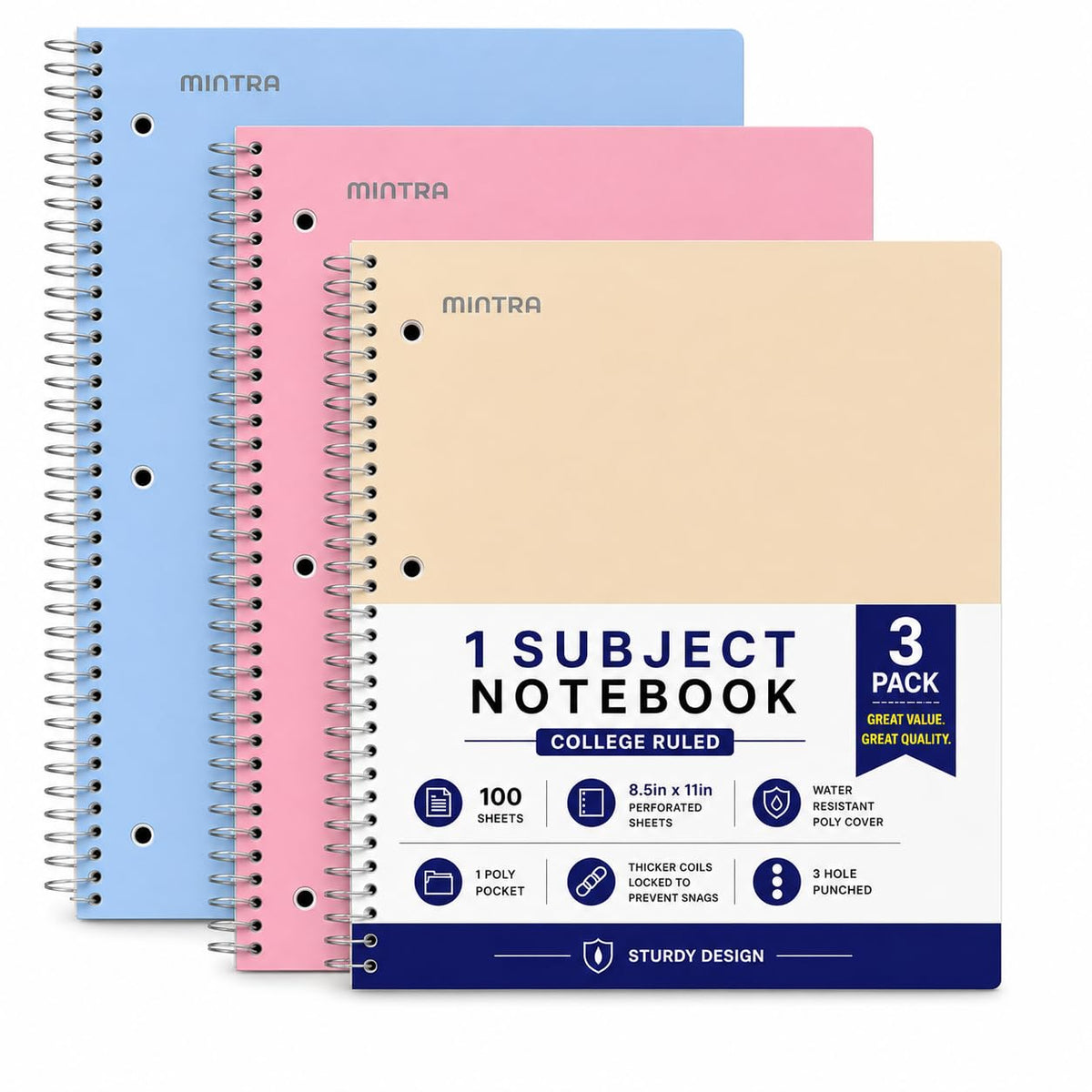 Mintra Office Durable Spiral Notebooks, 1 Subject, (Salmon, Sage Green, Lavender, Wide Ruled 3pk) - 100 Sheets, Poly Pocket, Moisture Resistant Cover, School, Office, Professional
