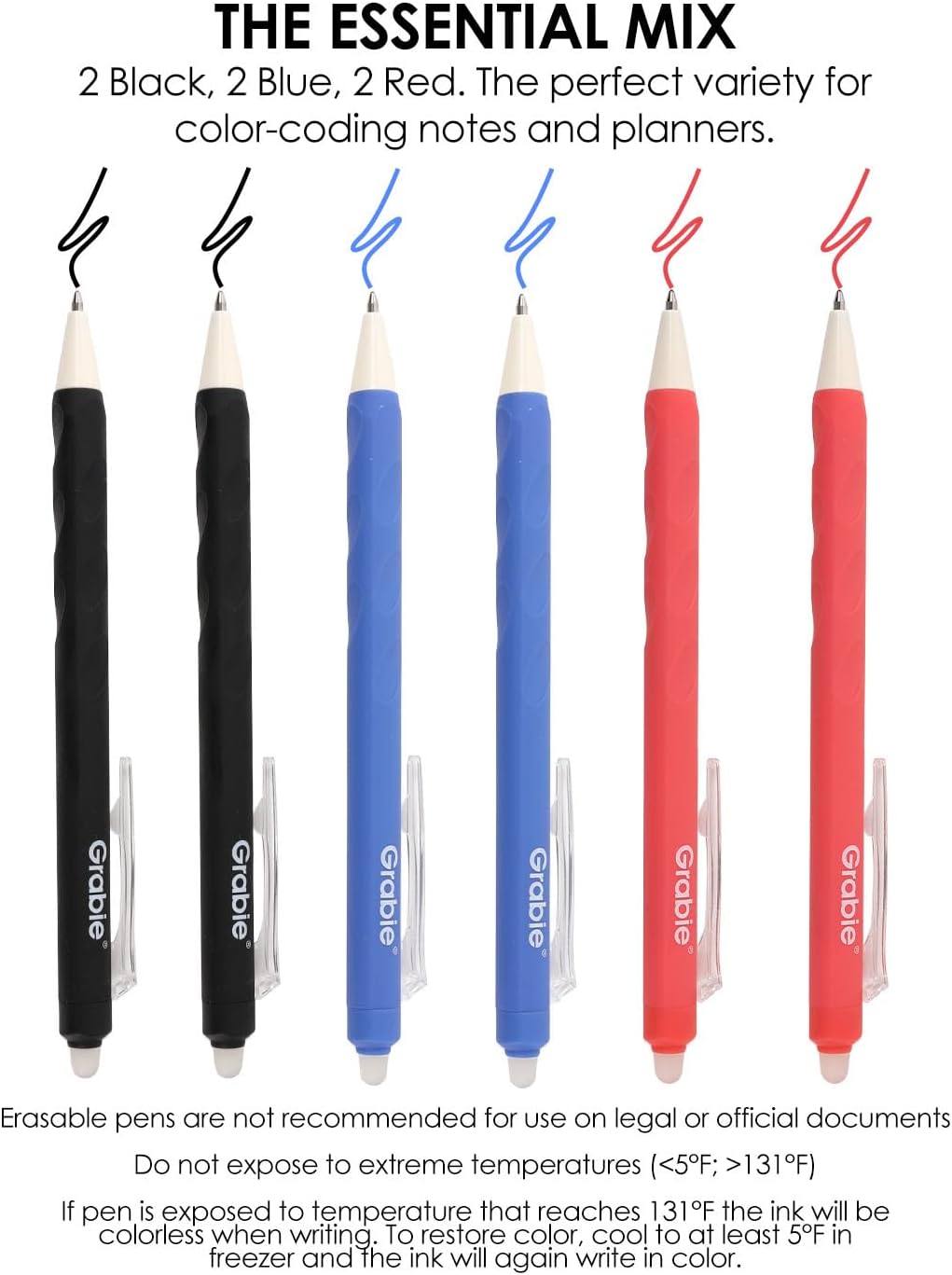 Grabie Erasable Gel Pens, 6 Pack Black Blue Red 0.7 mm Medium Point