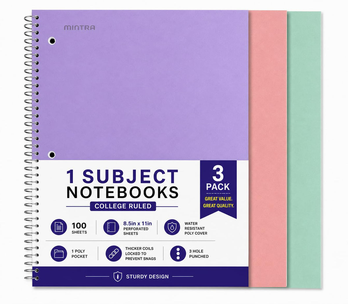 Mintra Office Durable Spiral Notebooks, 1 Subject, (Salmon, Sage Green, Lavender, Wide Ruled 3pk) - 100 Sheets, Poly Pocket, Moisture Resistant Cover, School, Office, Professional