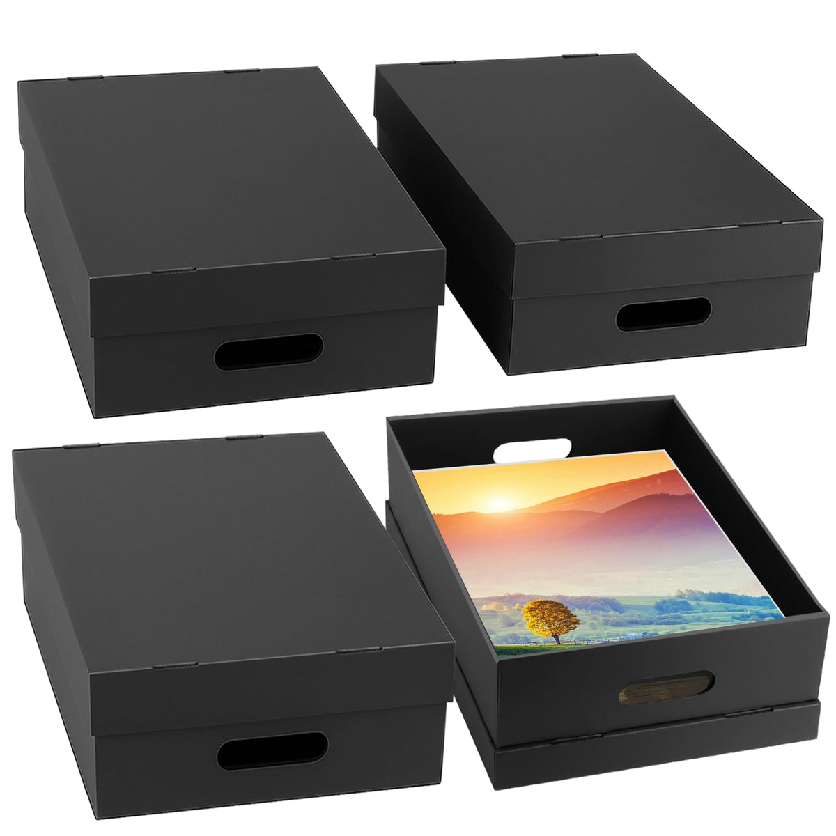 AOBOPLE 4 Pack Photo Storage Box,16" x 12" x 4" Keepsake Box with Handle Holes,Protective Storage Box for Photos Pictures Documents Artwork DIY and Souvenir,Home and Office Organizer