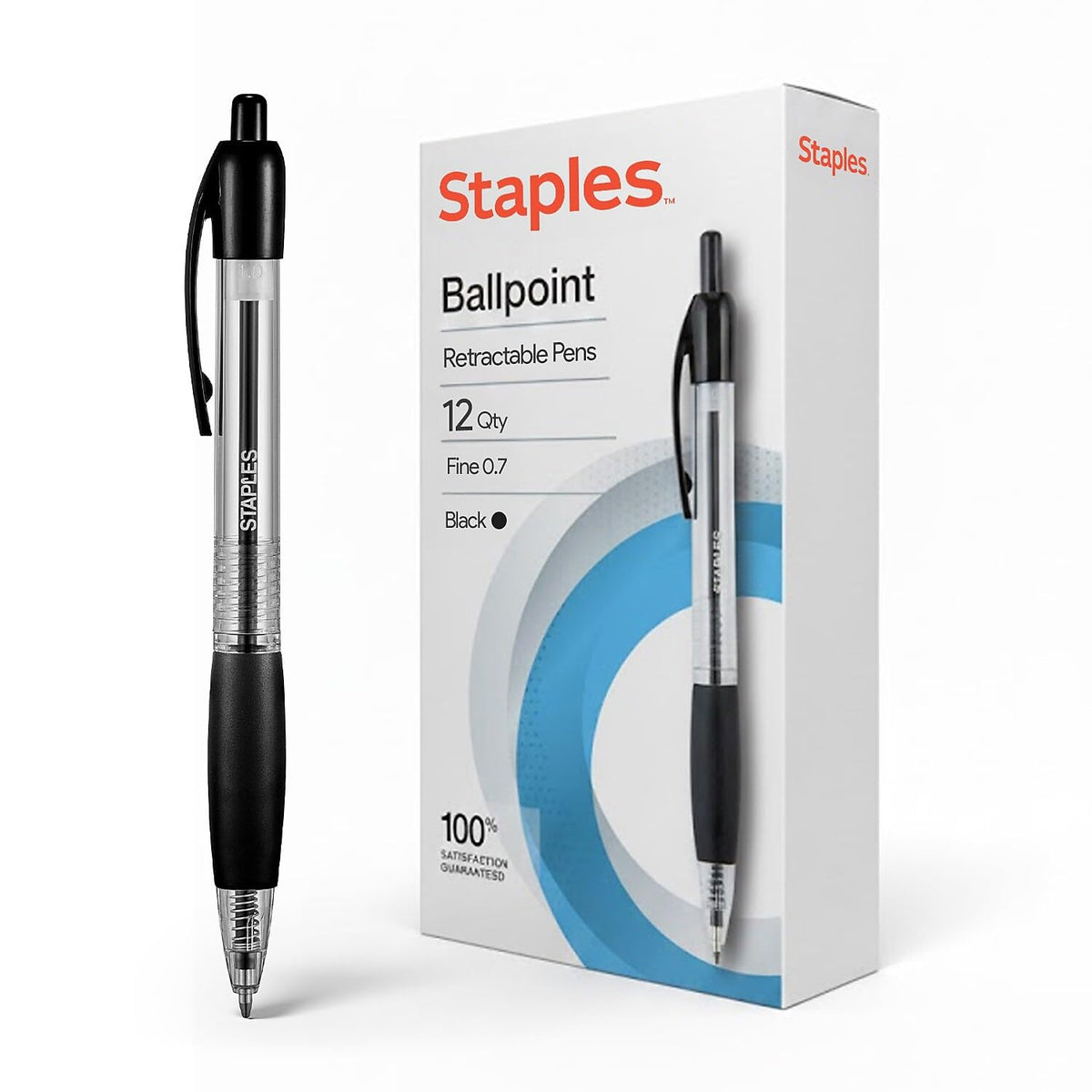 Staples Retractable Ballpoint Pens, Fine Point, Black Ink, 12-Pack