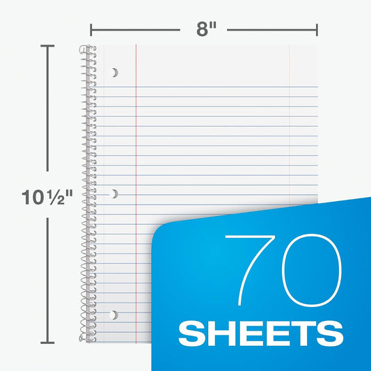Oxford Spiral Notebooks, 6 Pack, 1 Subject, Wide Ruled Notebooks for School, 8 x 10.5 Inches, 70 Sheets, Assorted Pastel Colors, Back to School Supplies (63757)