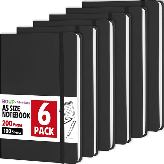 6 Pack Lined Journal Notebook for Work, 200 Pages, Medium 5.5 in x 8.3 in, A5 College Ruled, Hardcover Journaling Notebooks for Writing, Note Taking, Fit for Business Work School Home (Black)