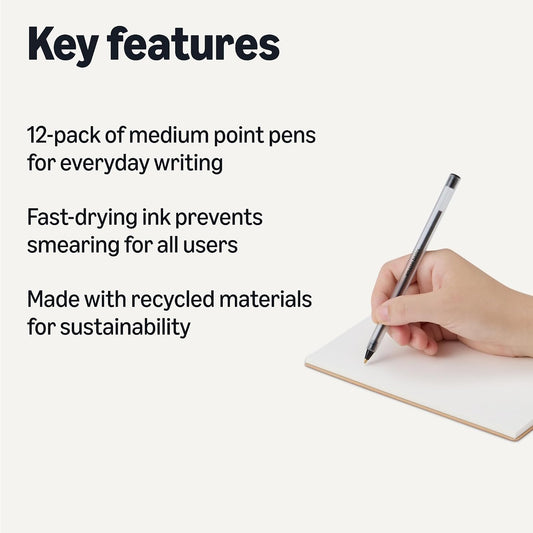 Amazon Basics Ballpoint Pens, Medium Point 1.0mm, Black Ink, 12-Pack