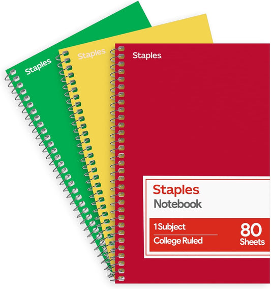 Staples 1-Subject Spiral Notebook, College Ruled, 80 Sheets, 3-Pk