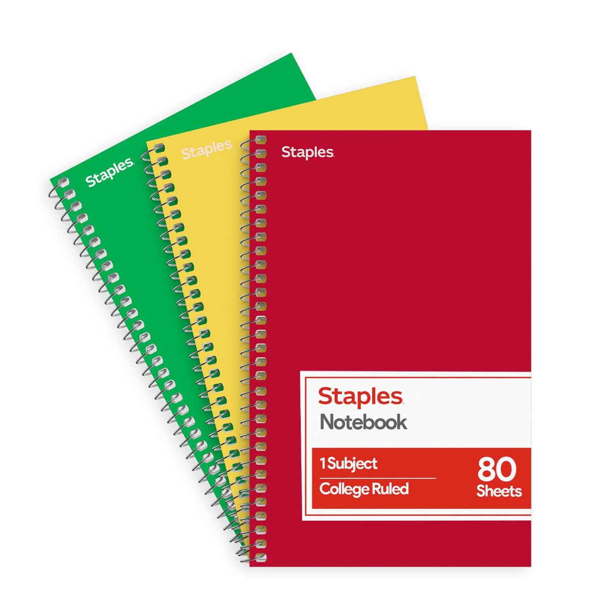 Staples 1-Subject Spiral Notebook, College Ruled, 80 Sheets, 3-Pk
